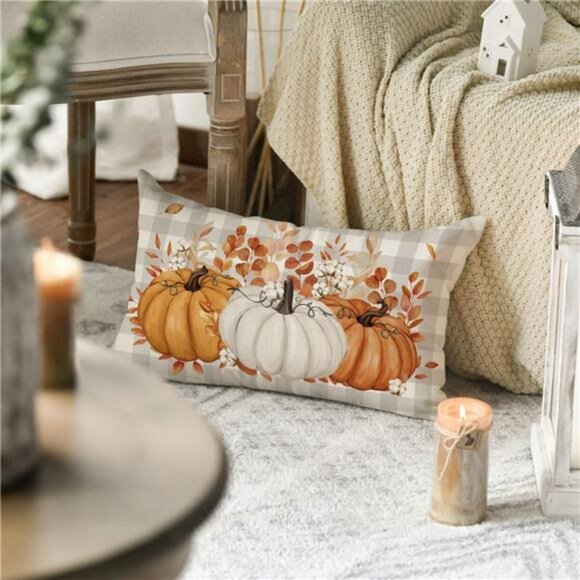 Pumpkin Buffalo Plaid Fall Throw Pillow Cover 12x20 Autumn Thanksgiving Decor - Picture 5 of 8